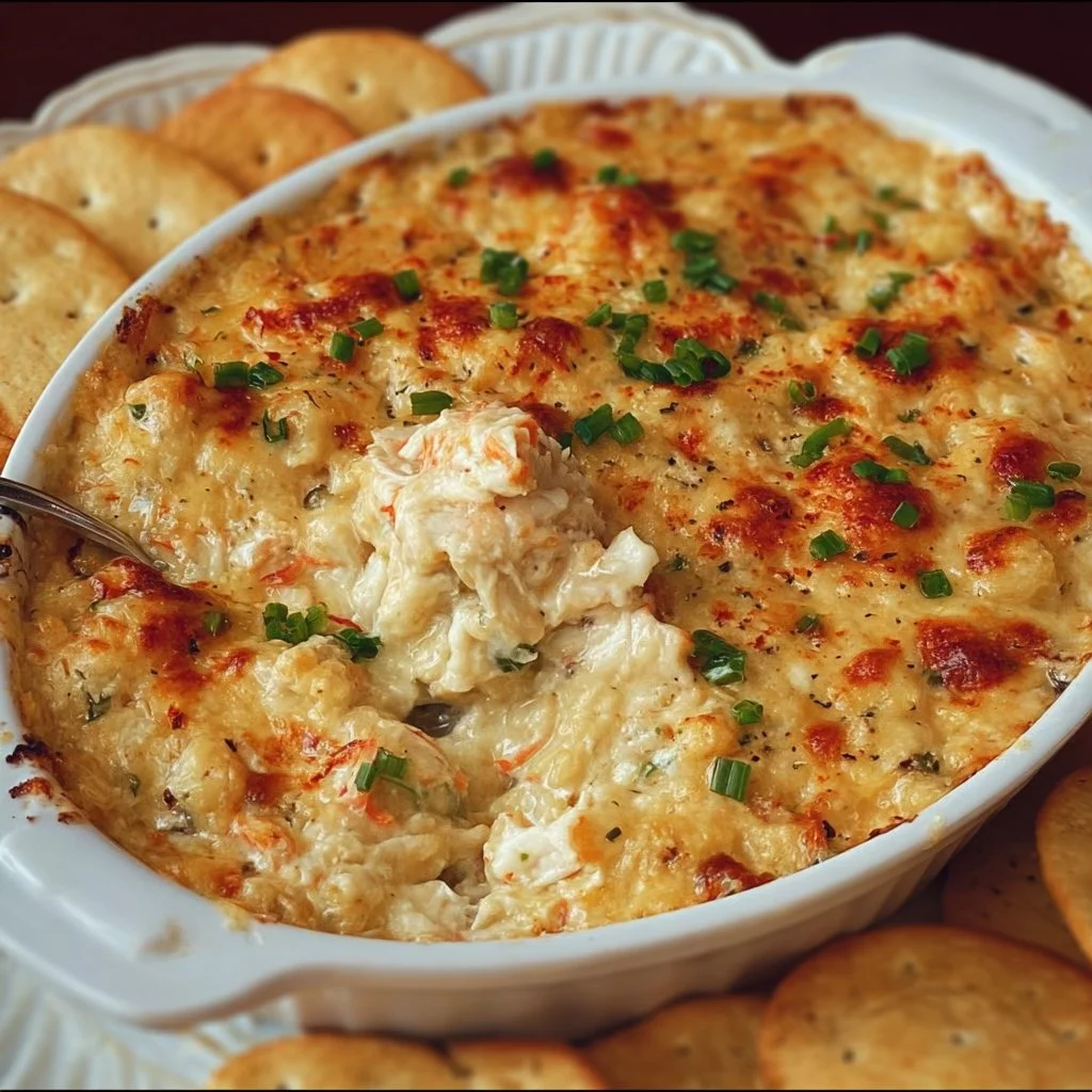 Deliciously creamy hot crab dip served in a dish for gatherings