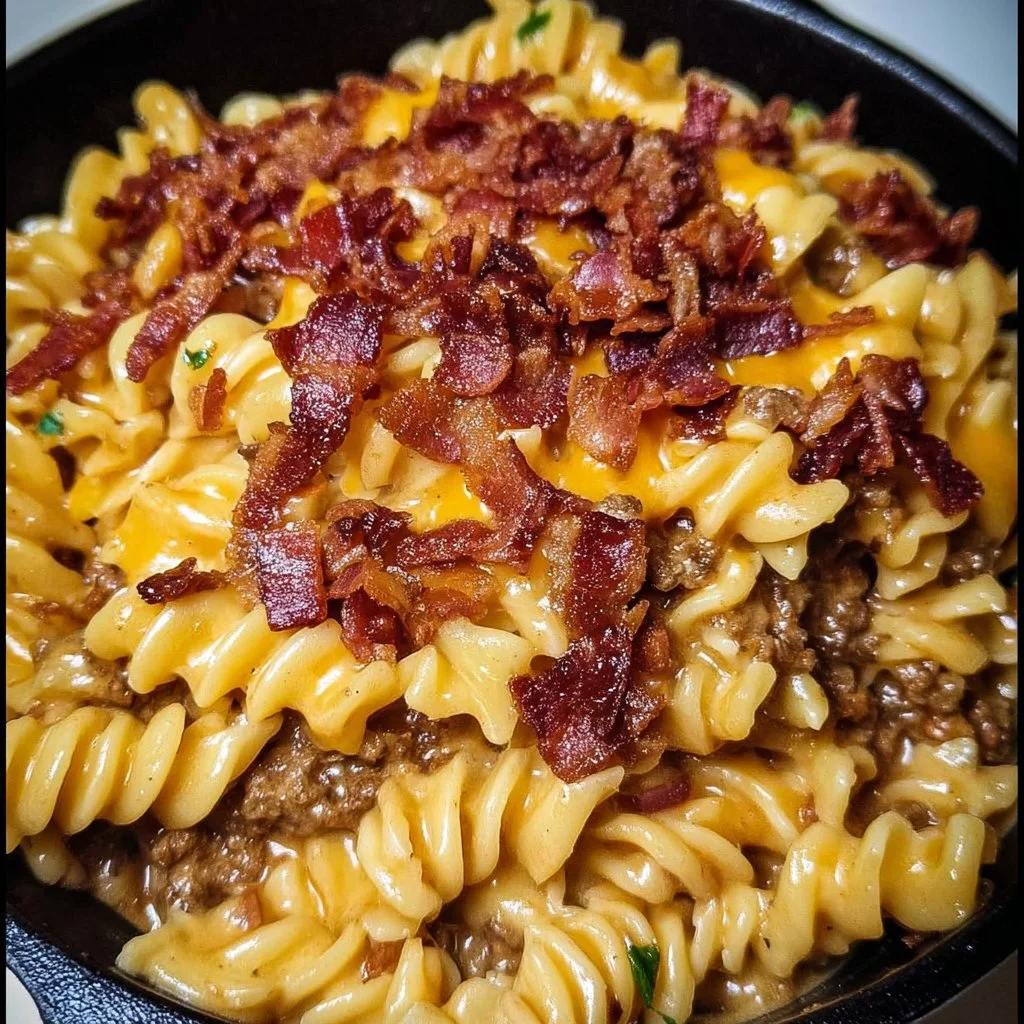 Loaded Bacon Cheeseburger Pasta Skillet topped with crispy bacon and cheese