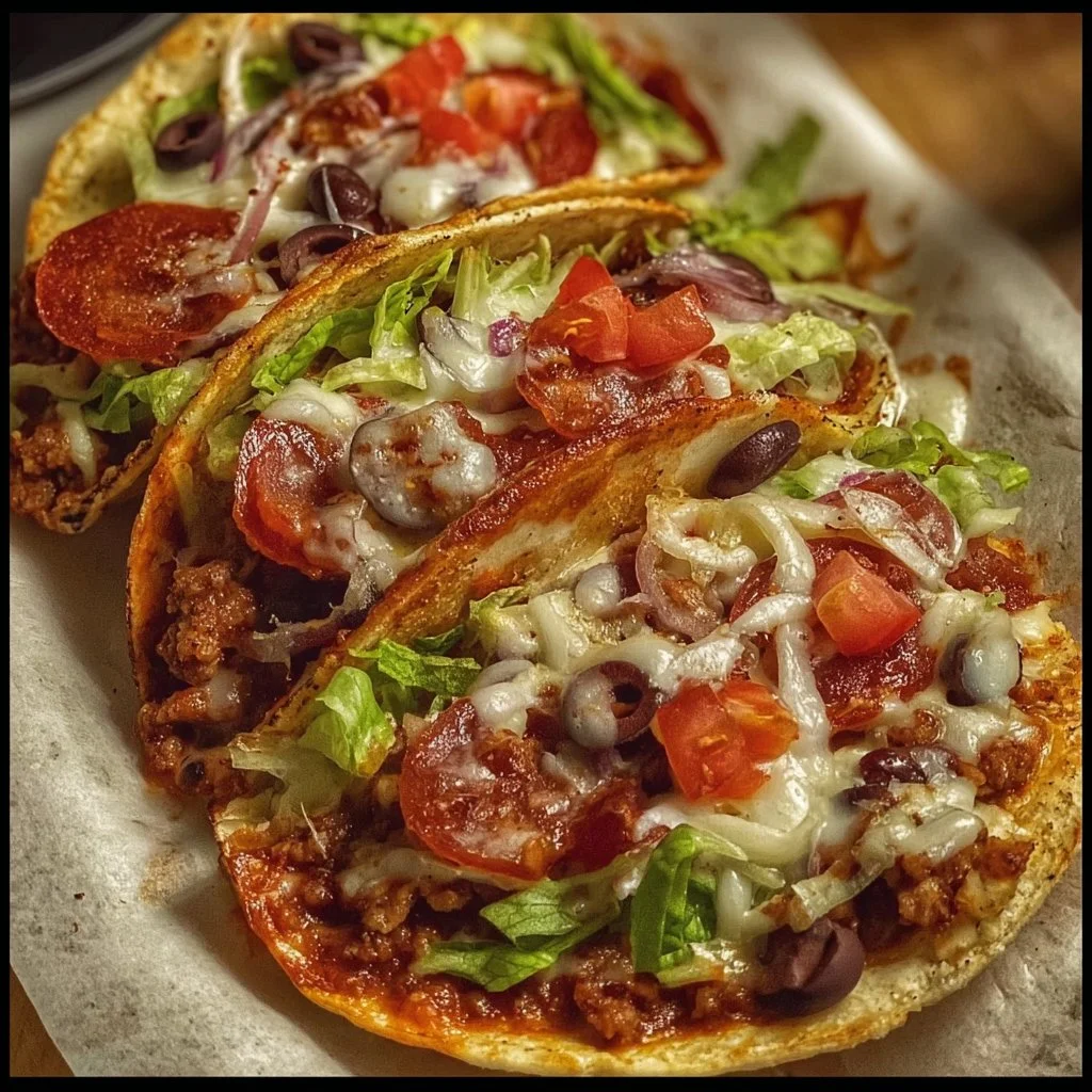 Delicious Meat Lovers Pizza Tacos with various meats and toppings.