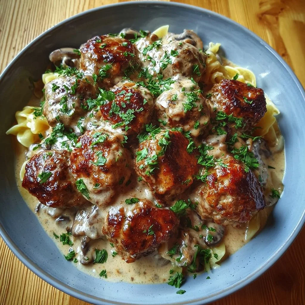 Delicious Meatball Stroganoff with creamy sauce served on a plate