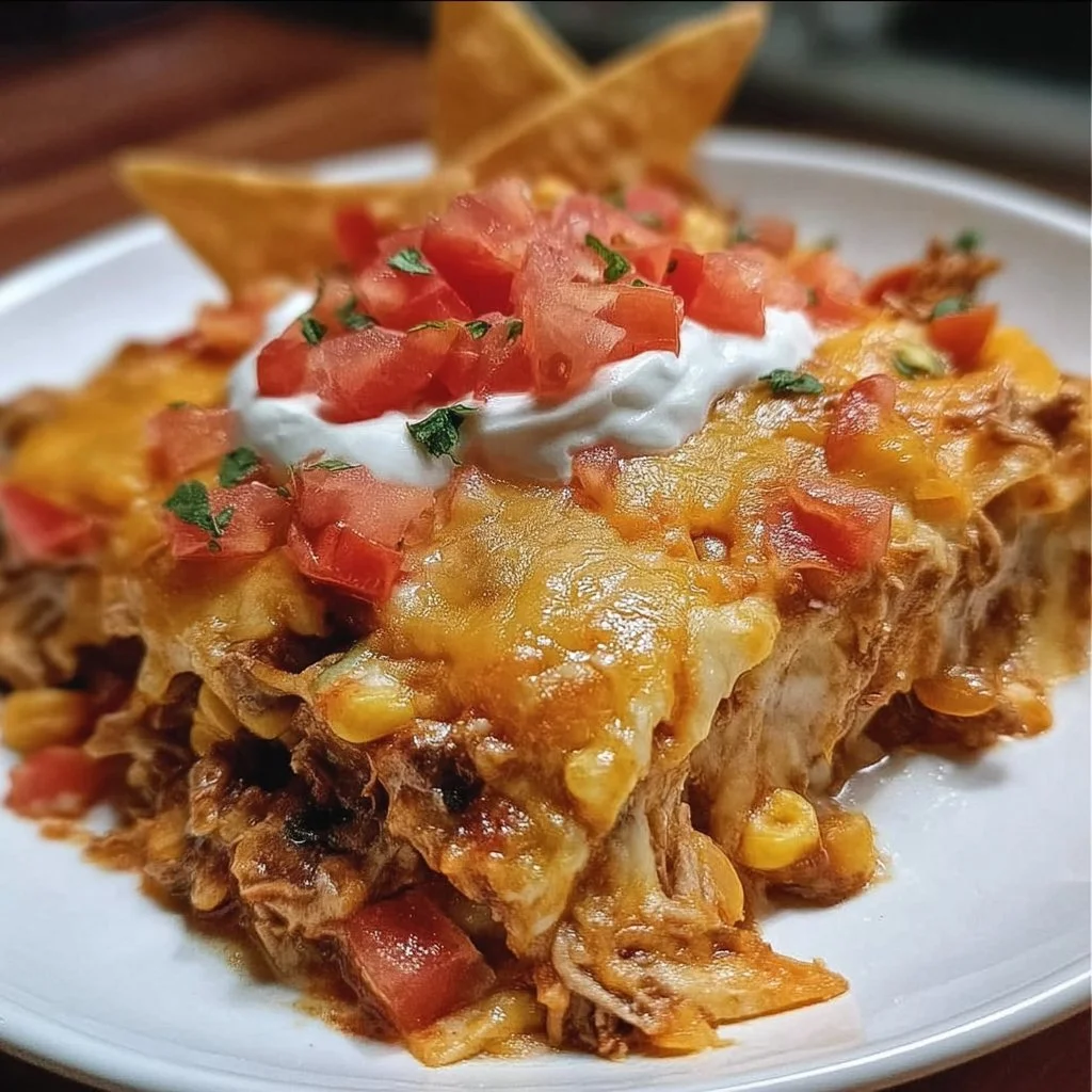 Mexican White Trash Casserole topped with cheese and green chilies in a baking dish.