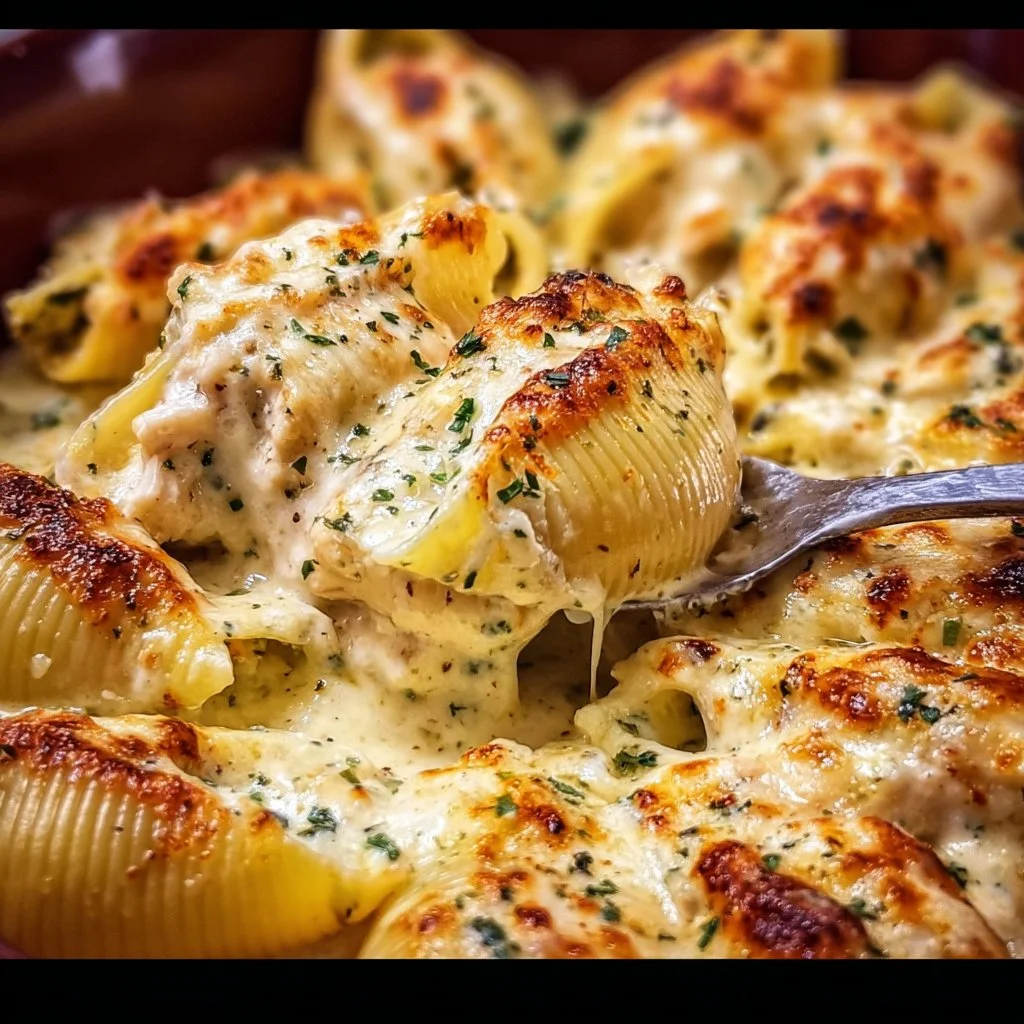 Delicious Million Dollar Chicken Alfredo Stuffed Shells topped with cheese