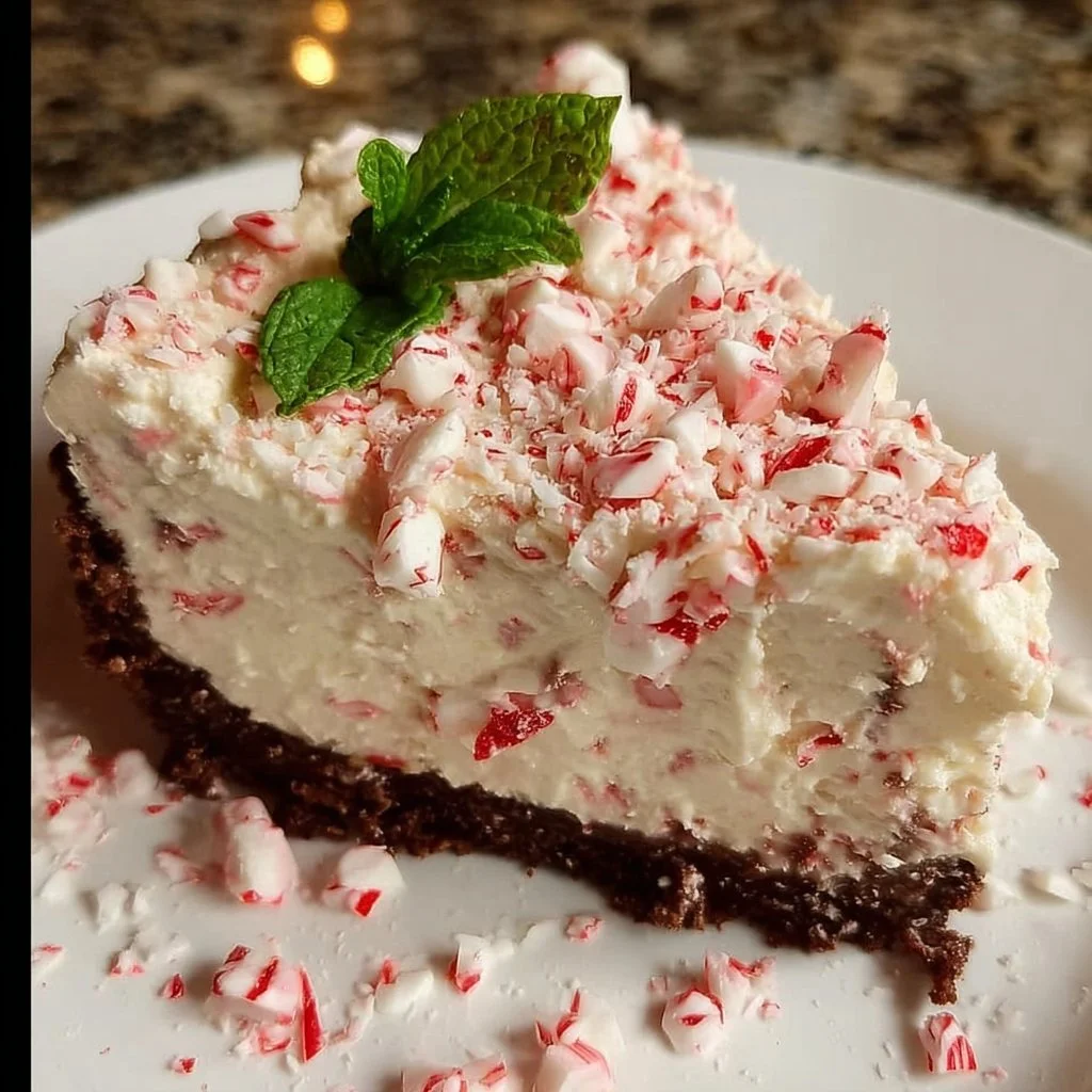 No-bake peppermint cheesecake topped with chocolate and mint garnish