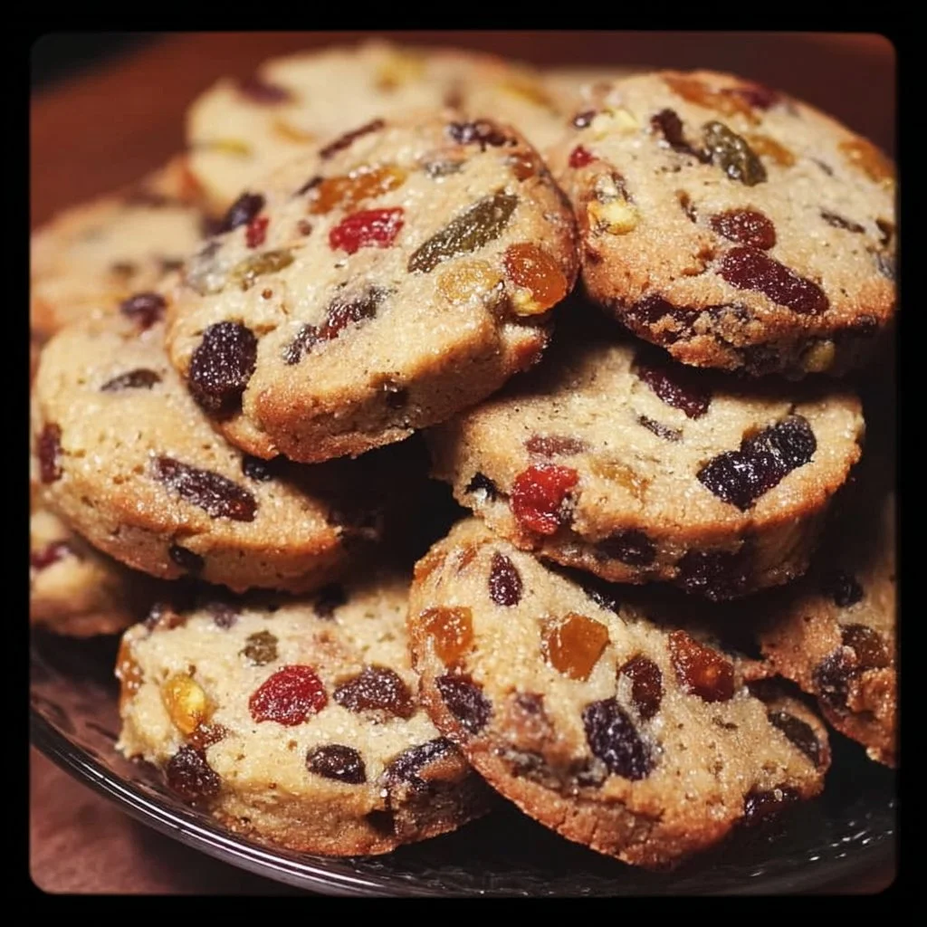 Old-fashioned fruitcake cookies with dried fruits and nuts on a wooden table