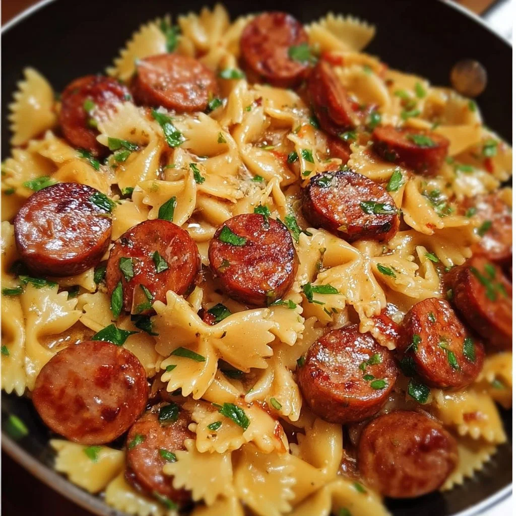 One Pot Kielbasa Pasta served in a bowl with herbs and veggies