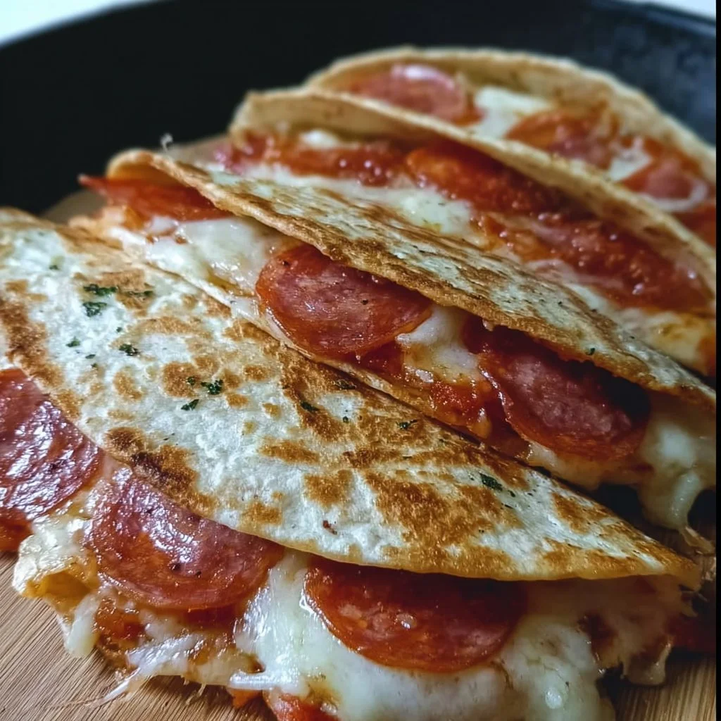 Delicious pepperoni cheese pizza quesadillas served on a plate.
