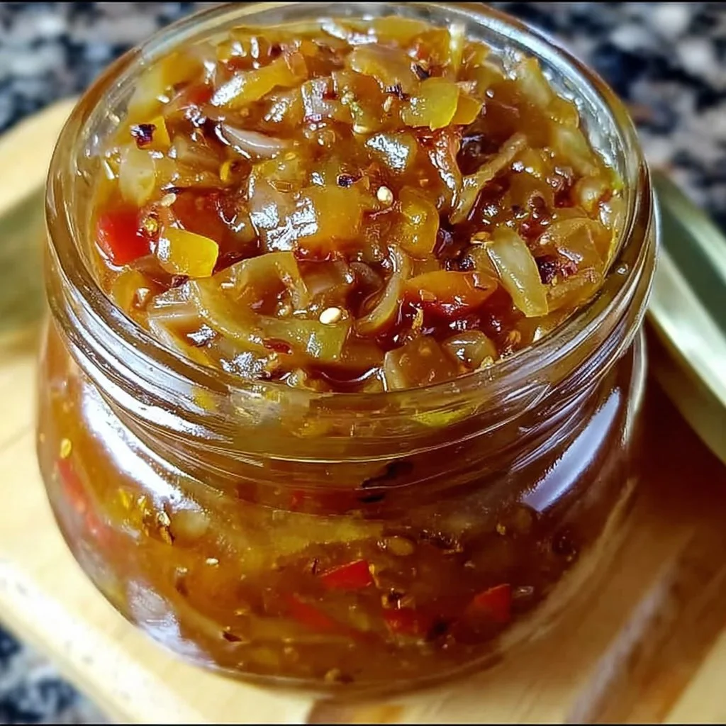 Jar of pickled pepper and onion relish on a wooden table