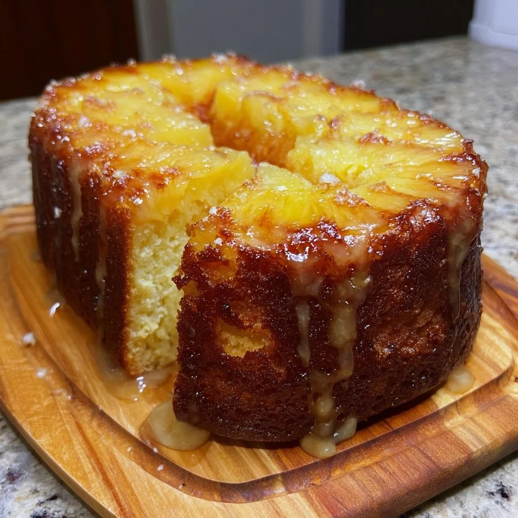 Slice of moist Pineapple Pound Cake on a white plate with pineapple slices