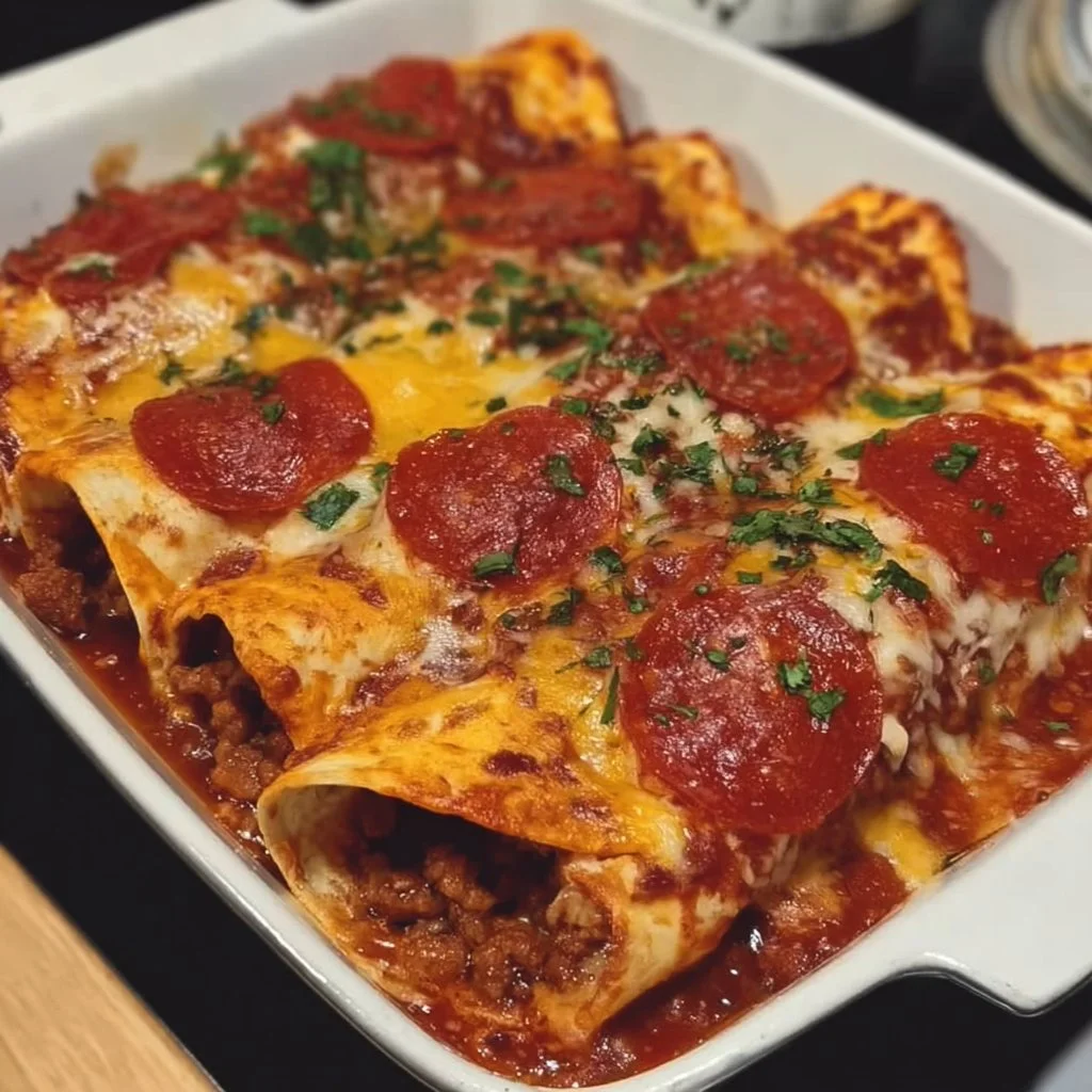 Delicious Pizza Enchiladas topped with ground beef and pepperoni