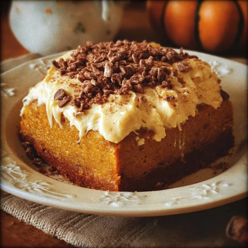 Pumpkin Better Than Sex Cake topped with cream and pecans