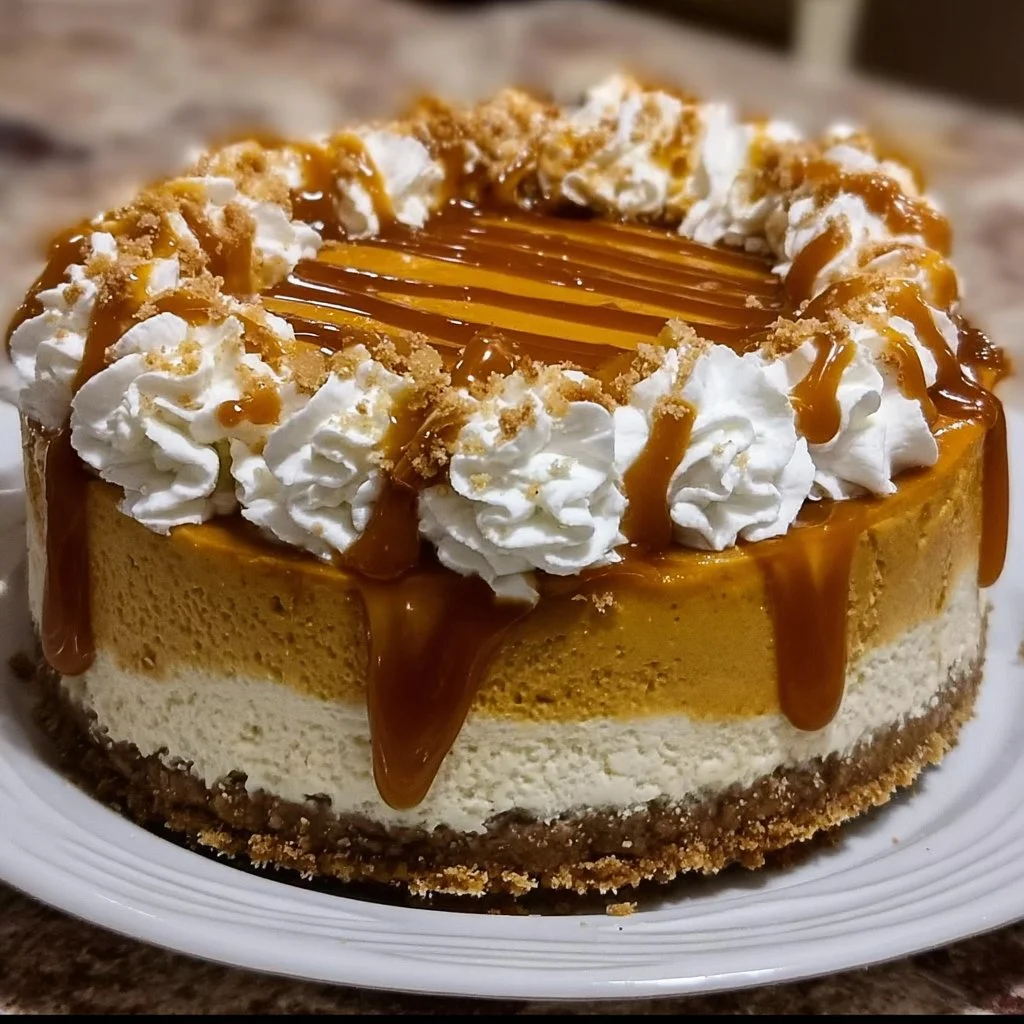 Pumpkin Caramel Cheesecake Delight with caramel drizzle and whipped cream