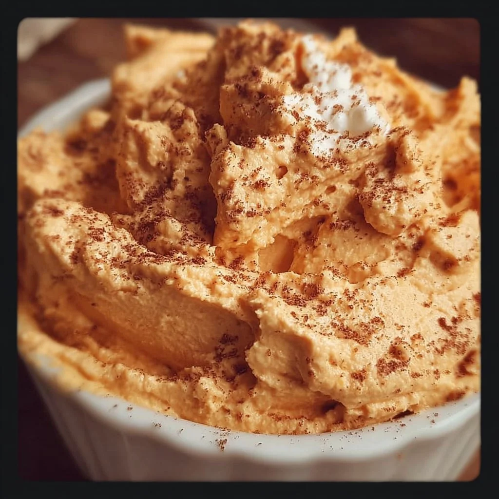 Delicious bowl of creamy pumpkin fluff dessert topped with whipped cream and spices