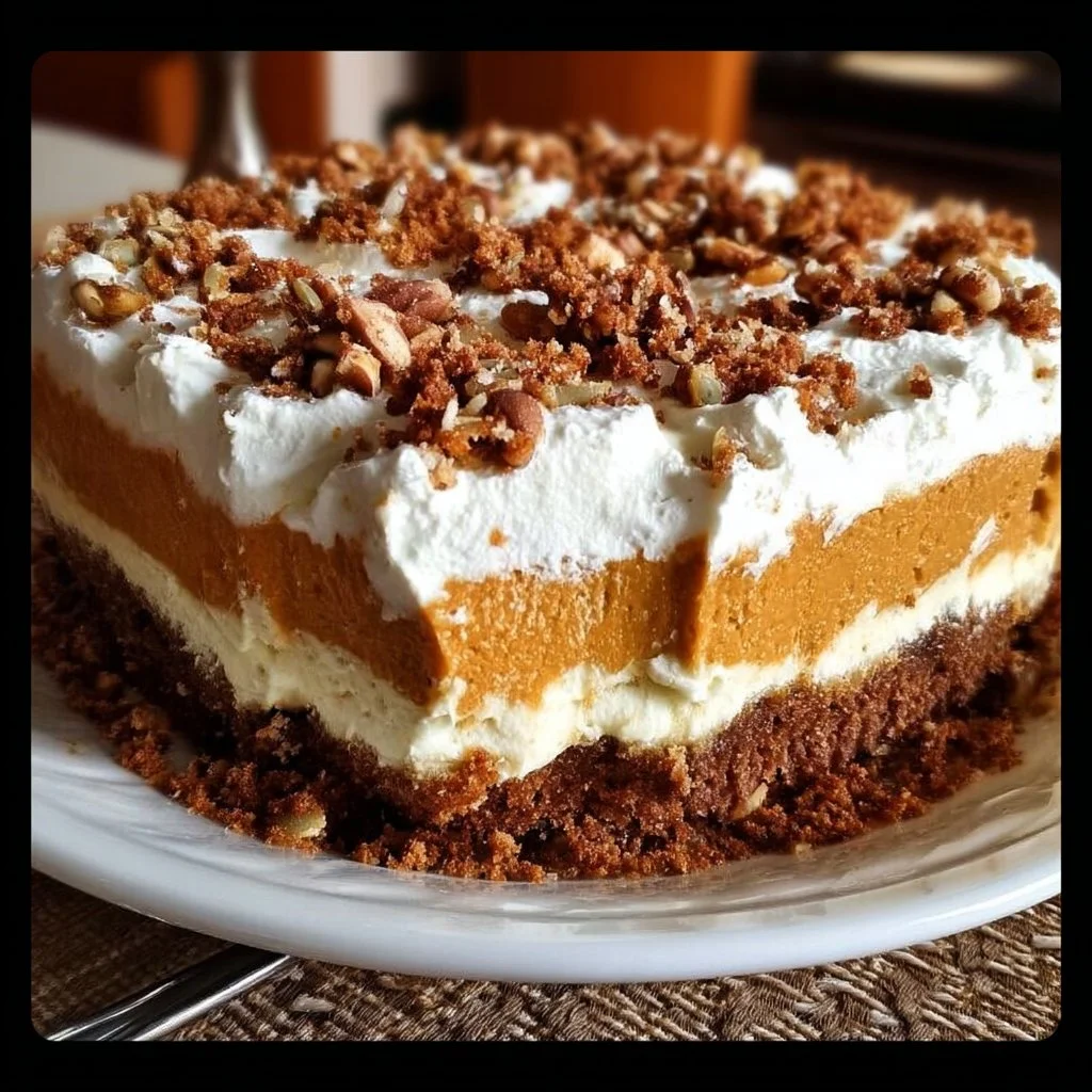 Delicious Pumpkin Lush dessert layered with pumpkin, cream, and graham cracker crust