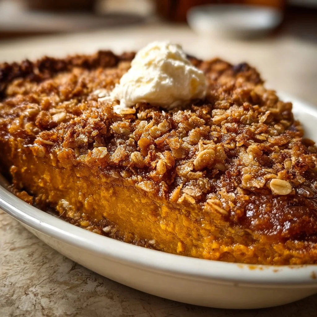 Delicious Pumpkin Pie Crisp topped with a golden oat crumble ready to serve