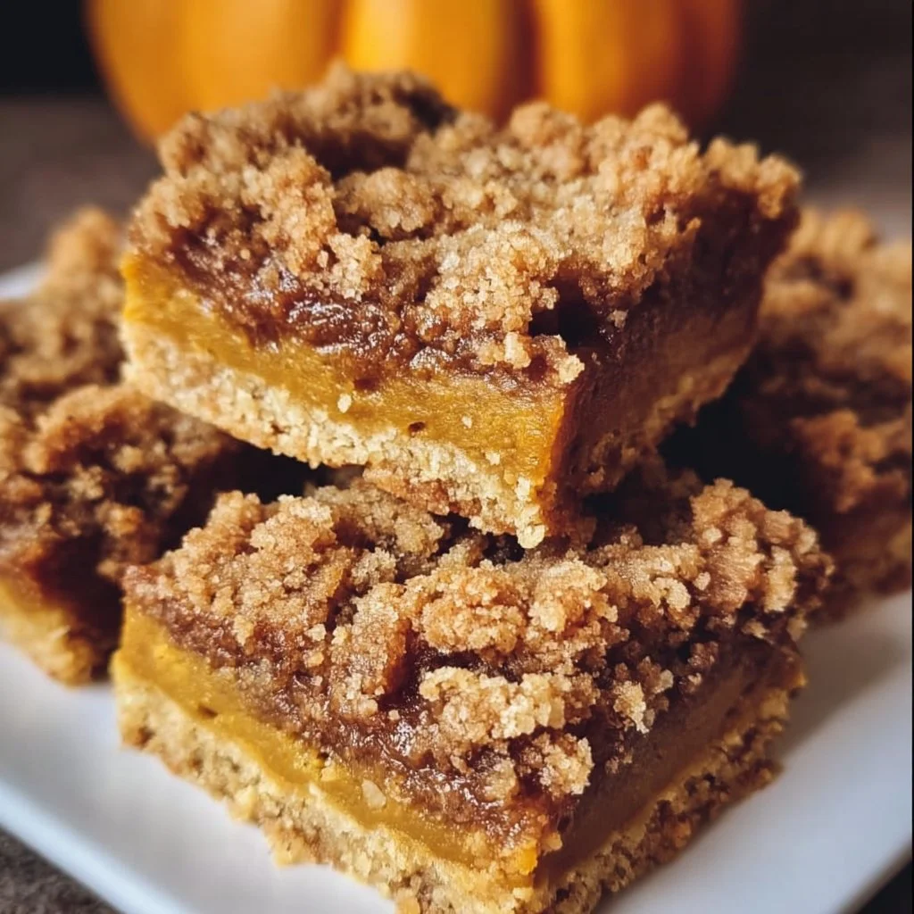 Delicious Pumpkin Pie Crumble Bars topped with crunchy crumble