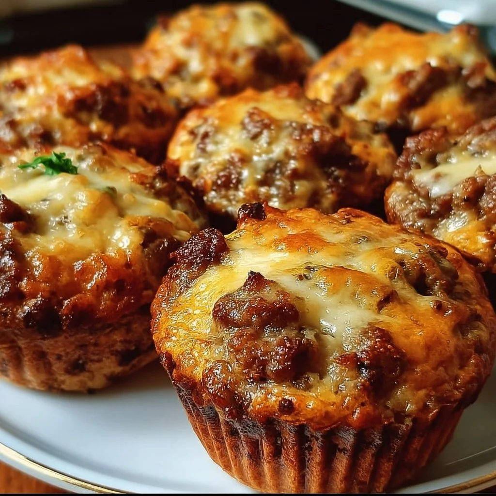 Homemade sausage breakfast muffins on a wooden table