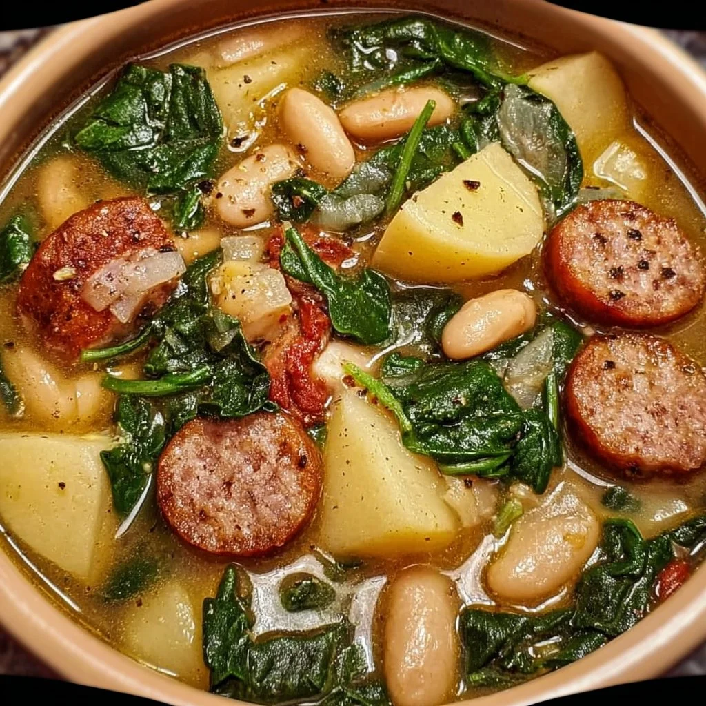 Bowl of sausage soup with spinach, potatoes, and white beans