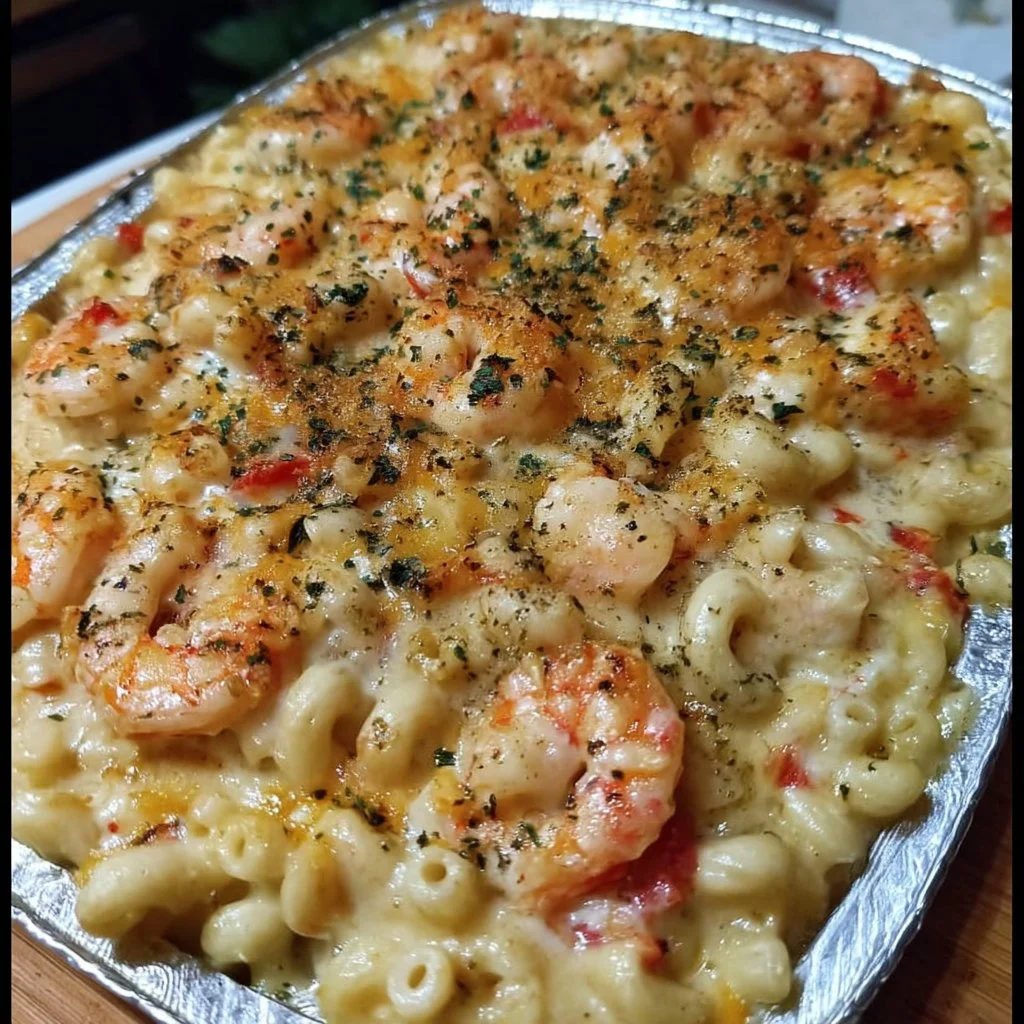 Delicious Seafood Mac & Cheese Bake topped with golden breadcrumbs