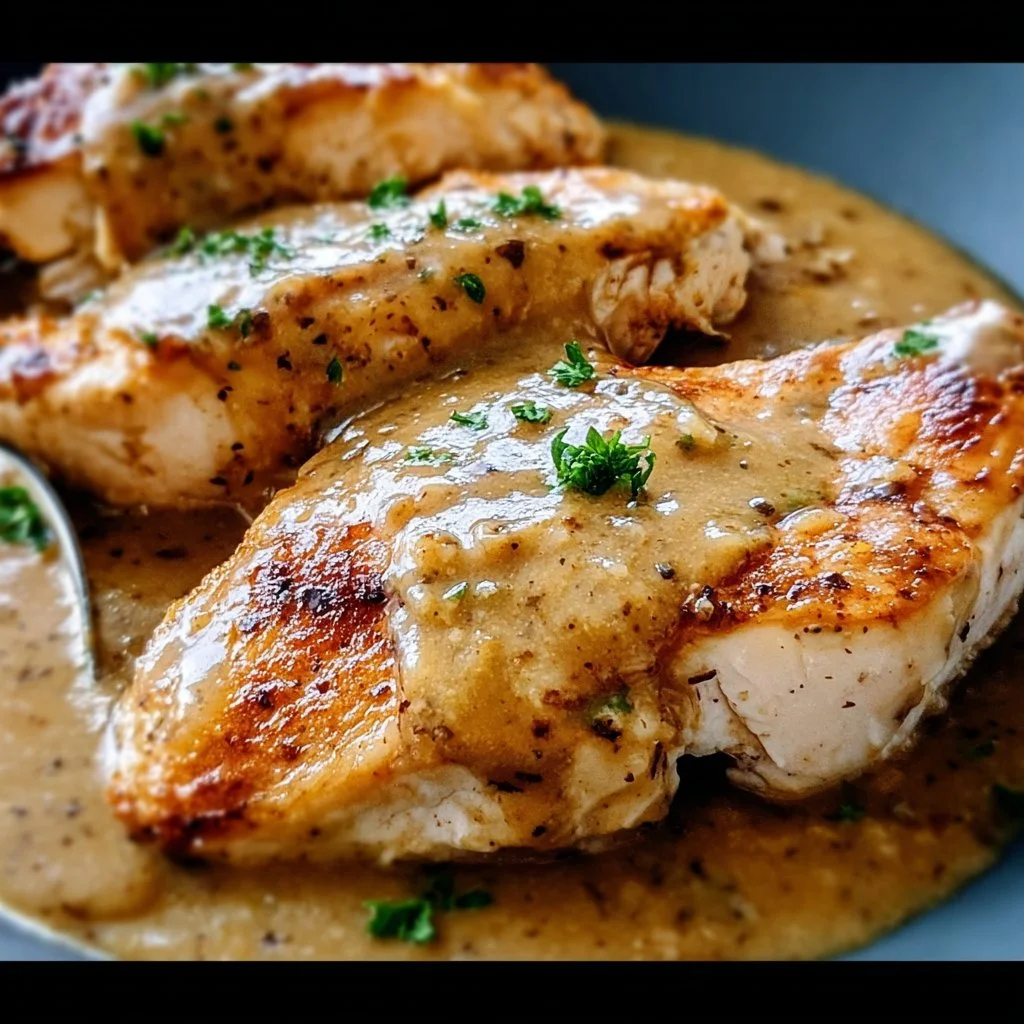 Slow cooker chicken breasts served with rich gravy on a plate