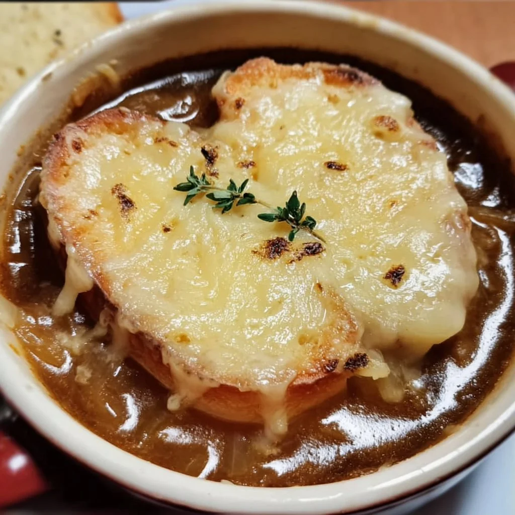 Bowl of Slow Cooker French Onion Soup topped with melted cheese and croutons