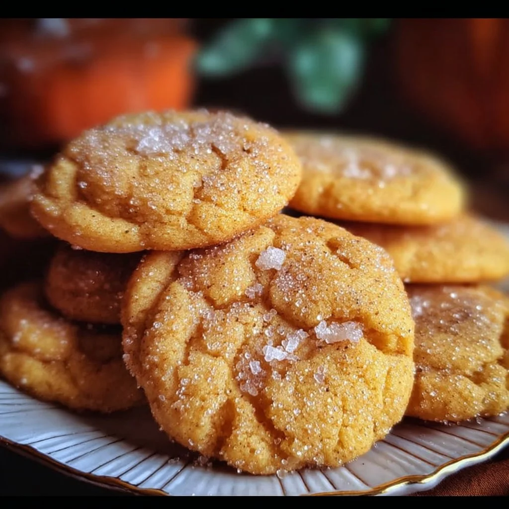 Delicious soft batch pumpkin sugar cookies on a decorative plate