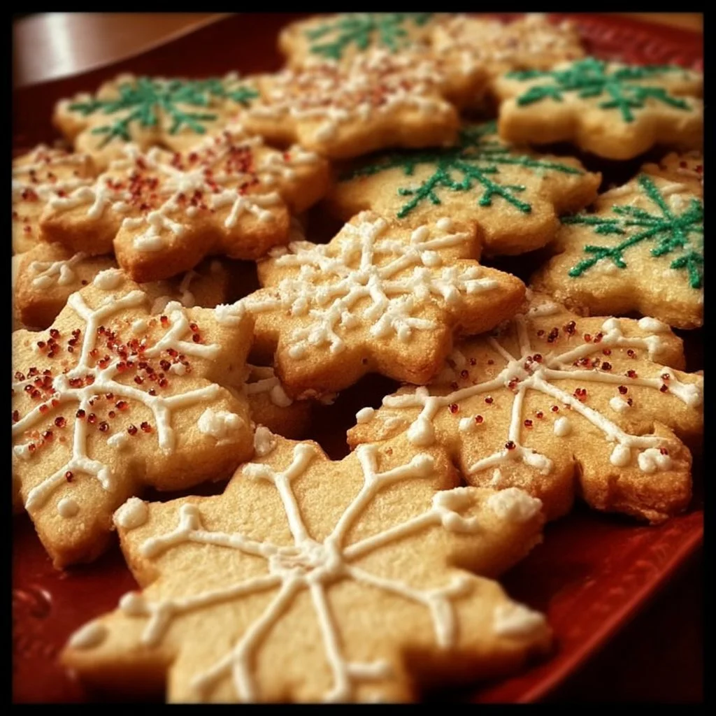 Deliciously soft Christmas cookies decorated with festive icing and sprinkles.