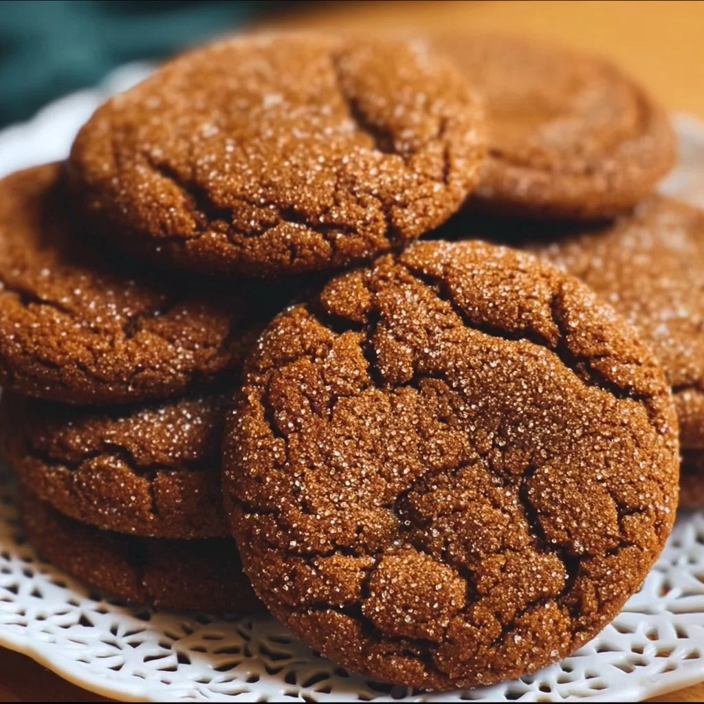 Plate of soft molasses cookies with a rich, chewy texture