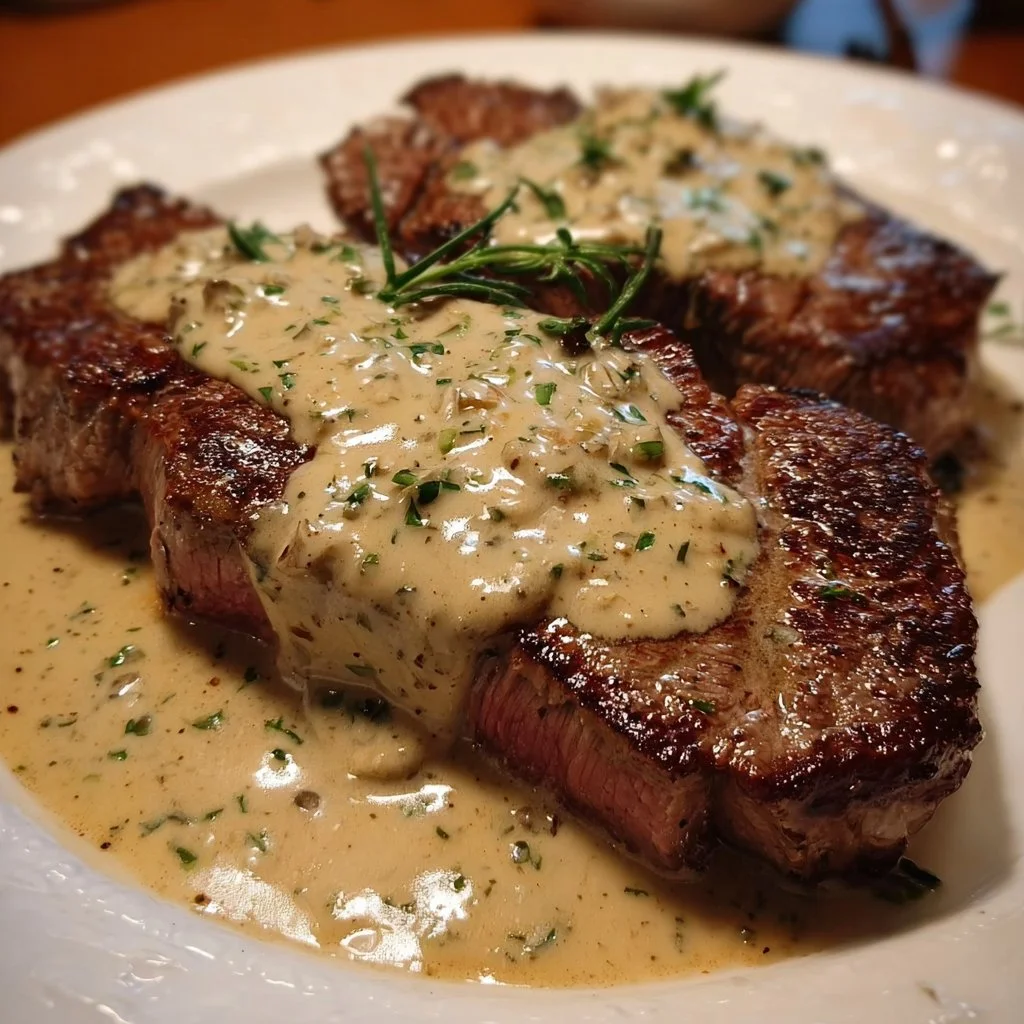 Juicy steak topped with ghostly bourbon garlic cream sauce