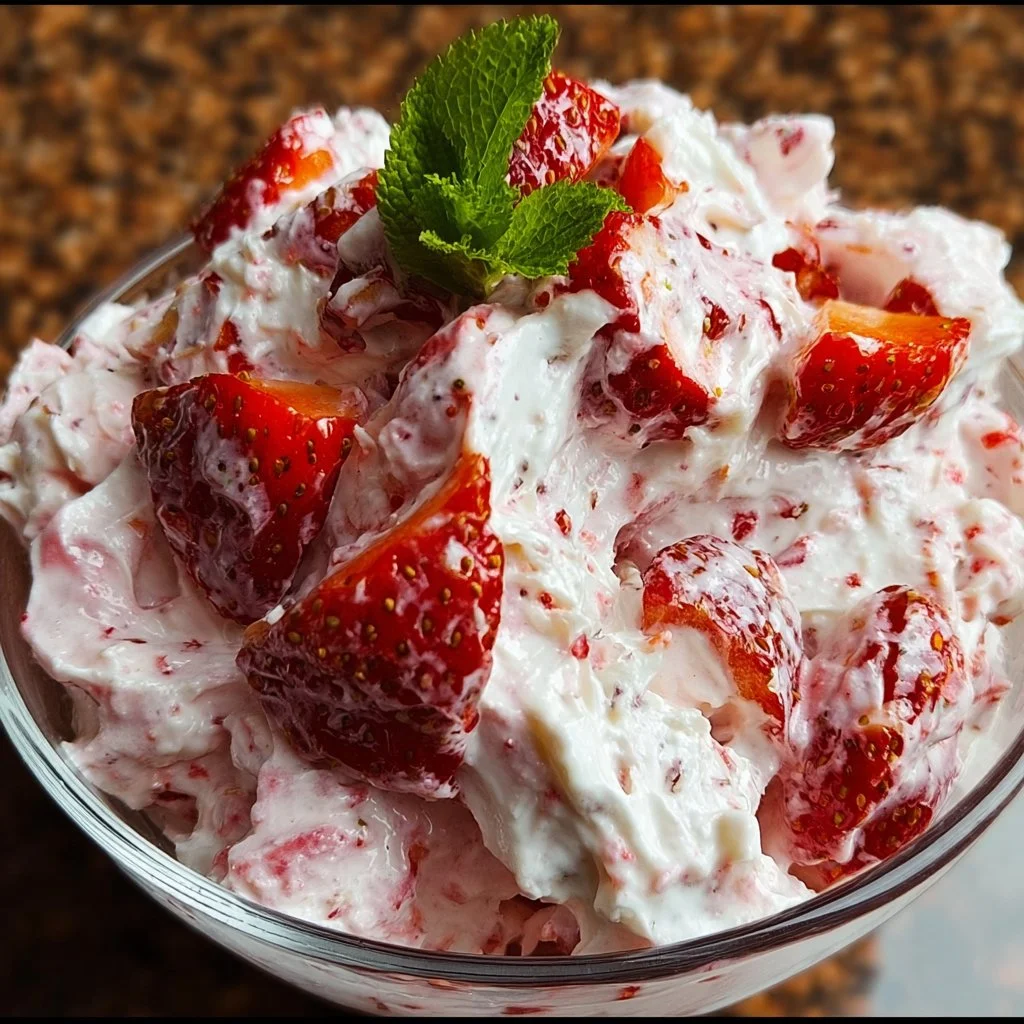 Delicious Strawberry Fluff Salad served in a bowl, topped with fresh strawberries.