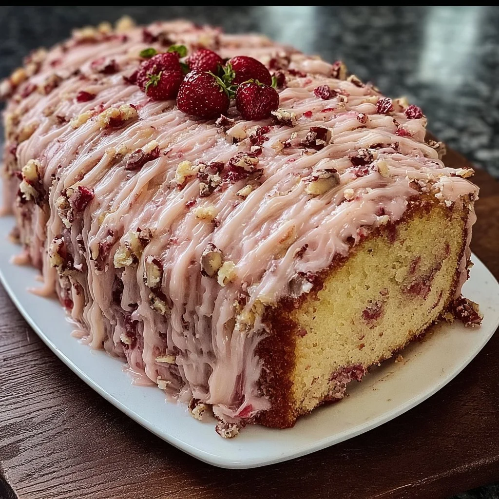 Slice of Strawberry Italian Cream Pound Cake topped with fresh strawberries