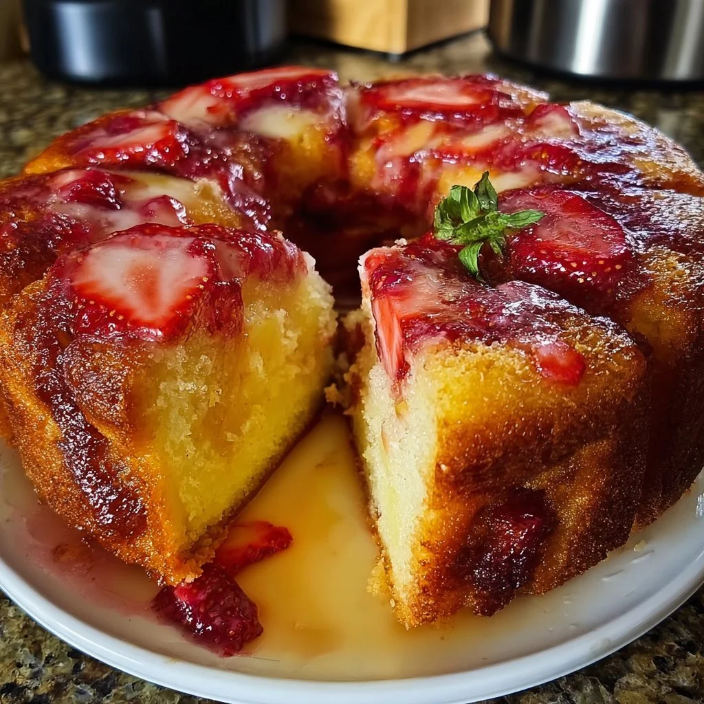Delicious strawberry pineapple pound cake garnished with fresh strawberries.