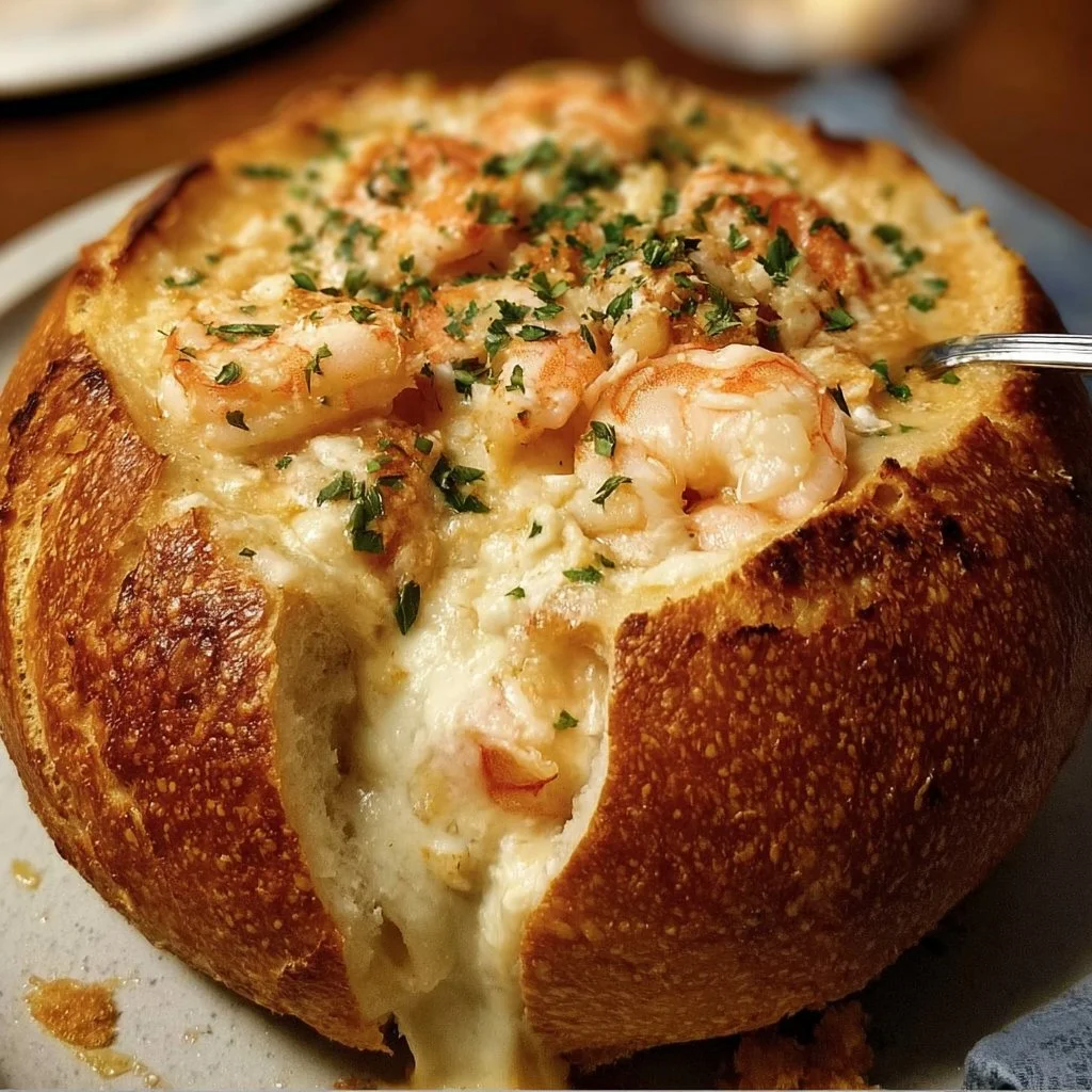 Stuffed seafood bread bowl filled with shrimp and crab in a crusty bread shell.