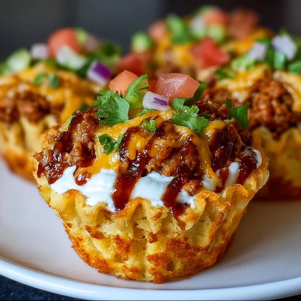Delicious taco cupcakes topped with colorful ingredients and garnishes.