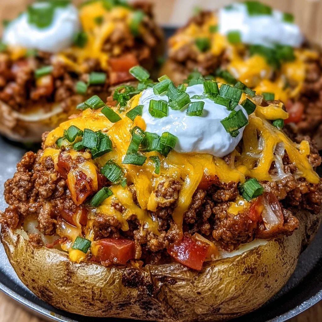 Taco loaded baked potatoes with toppings and garnishes