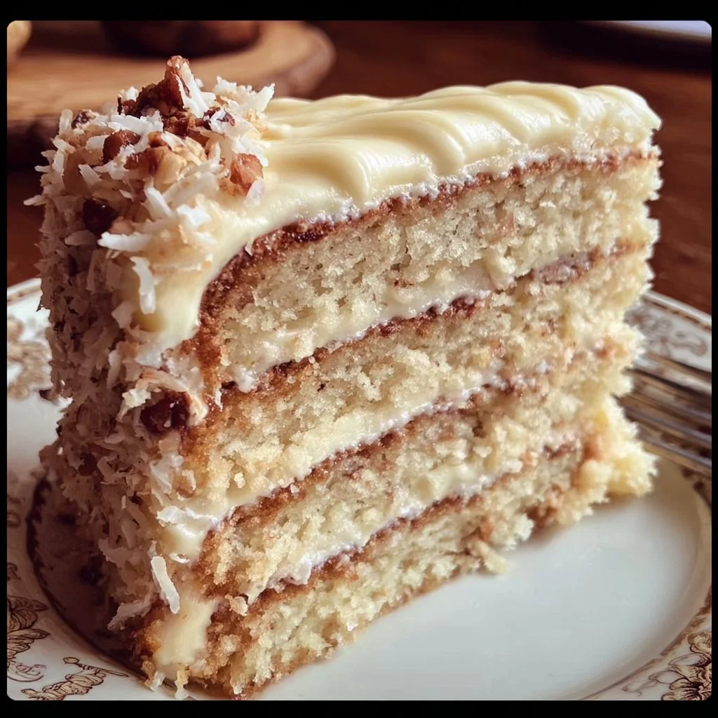 Slice of White German Chocolate Cake with coconut pecan frosting