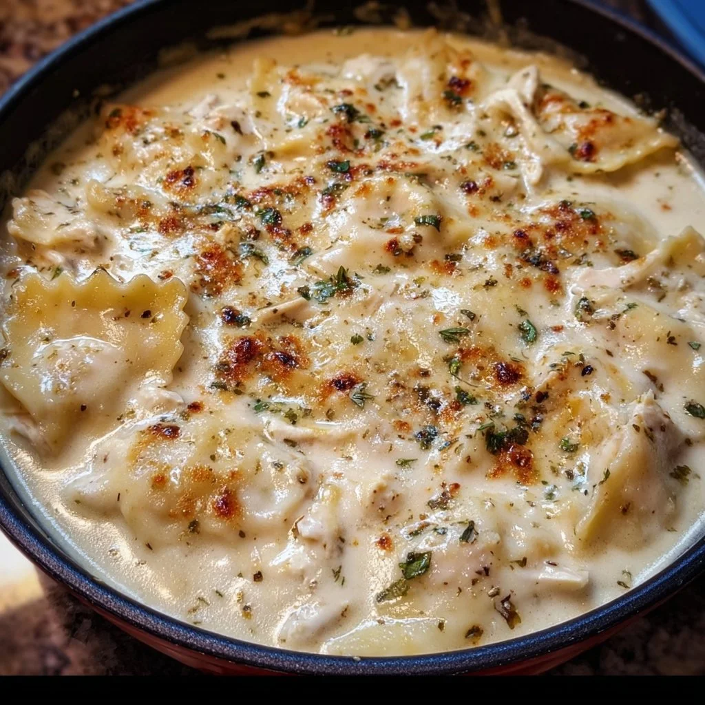 Bowl of creamy white lasagna soup topped with herbs and cheese